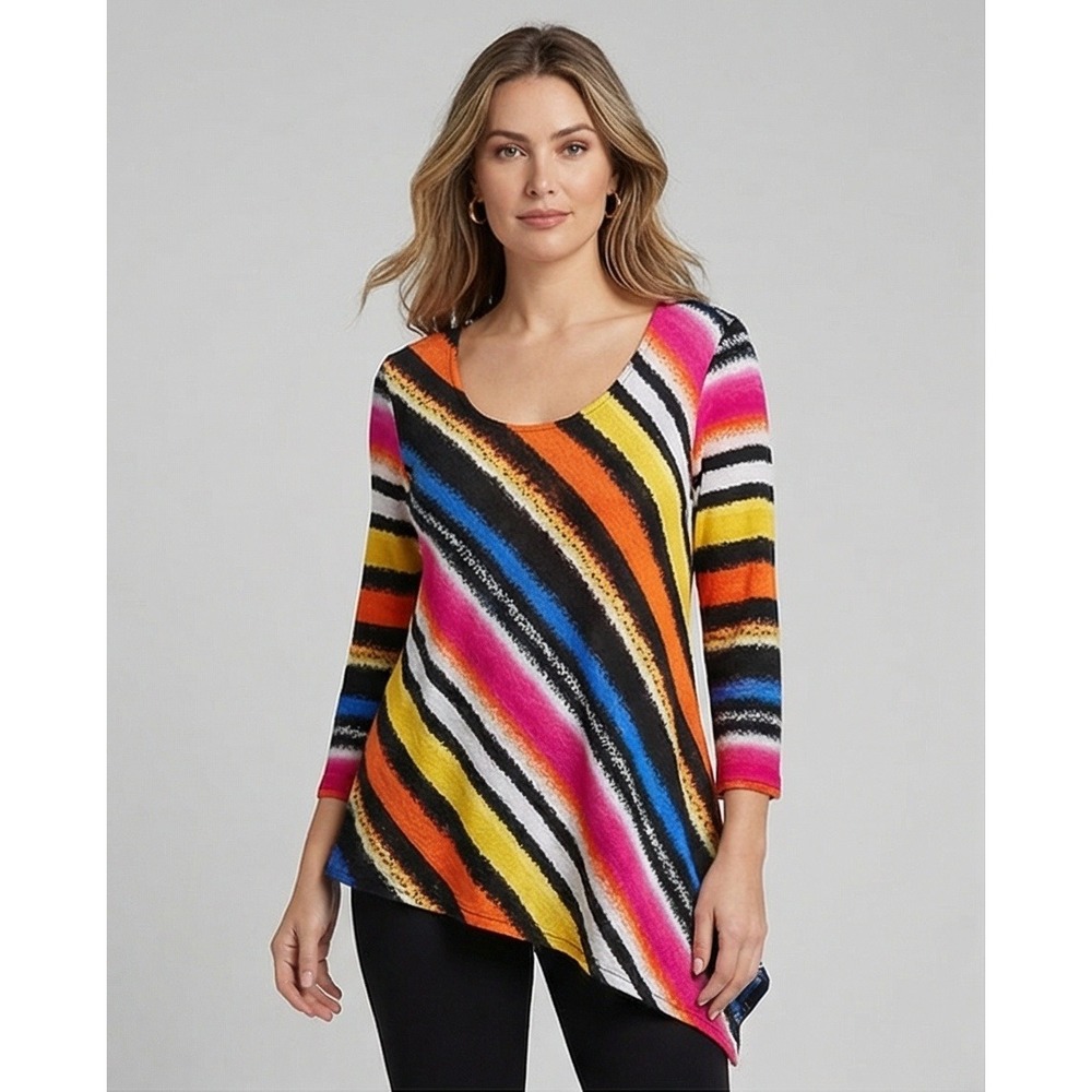 Travel Elements L Multi-Color Diagonal Stripe Asymmetric Tunic Top Large Stretch